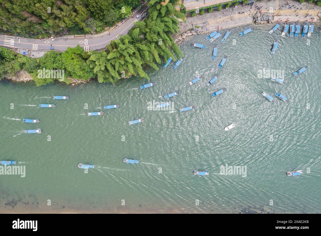 Li River Bamboo Raft Map Aerial photography of imitation bamboo raft boats carrying tourists on ...