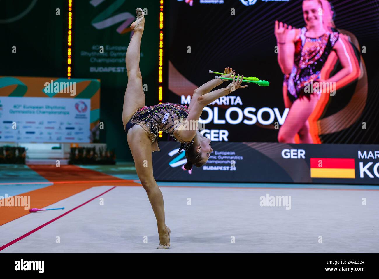 Budapest, Hungary. 26th May, 2024. Margarita Kolosov (GER) seen during 40th European Rhythmic Gymnastics Championships Budapest 2024 at Papp Laszlo Budapest Sportarena. (Photo by Fabrizio Carabelli/SOPA Images/Sipa USA) Credit: Sipa USA/Alamy Live News Stock Photo