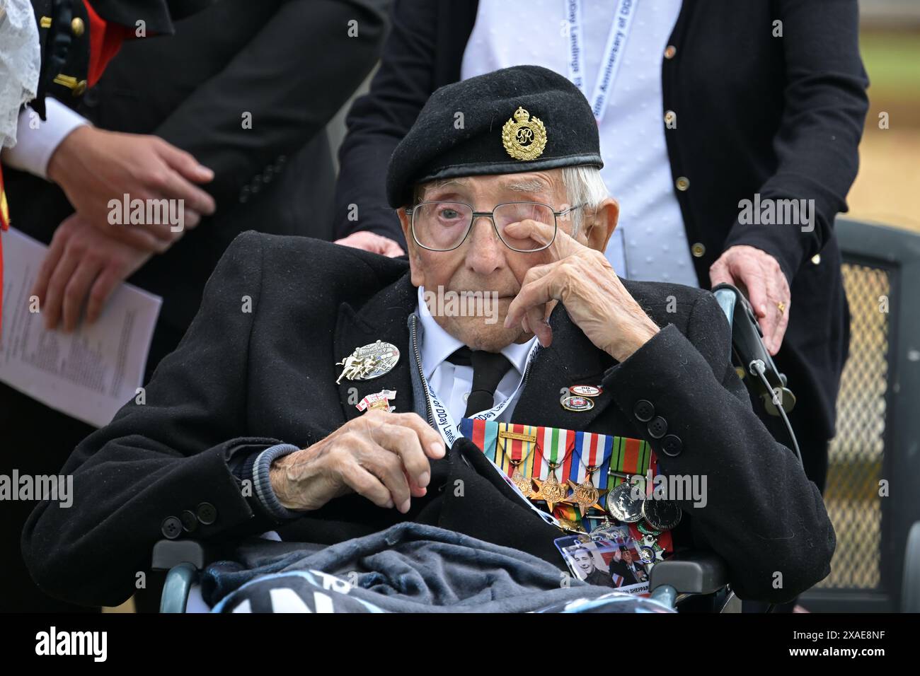 Rettendon Essex, UK. 6th June, 2024. D-Day remembrance service at the Living Memorial Gardens Rettendon Essex attended by 104 year old D-Day veteran Don Sheppard from Basildon. Mr Sheppard a former Royal Engineers Sapper arrived on Juno beach on 6th June 1944 with the 155 Brigade Highland Division on a landing craft with his Bren gun equipped scout car. D-Day was not the first time Don had seen action as he had previously served in North Africa and Sicily. Credit: MARTIN DALTON/Alamy Live News Stock Photo