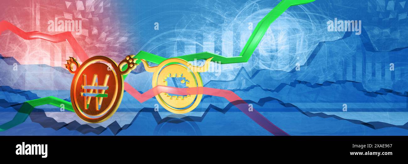 semiconductor price growth in won. expensive cost of consumer electronics in korea concept. 3D illustration of bullish microchip market trend due to c Stock Photo