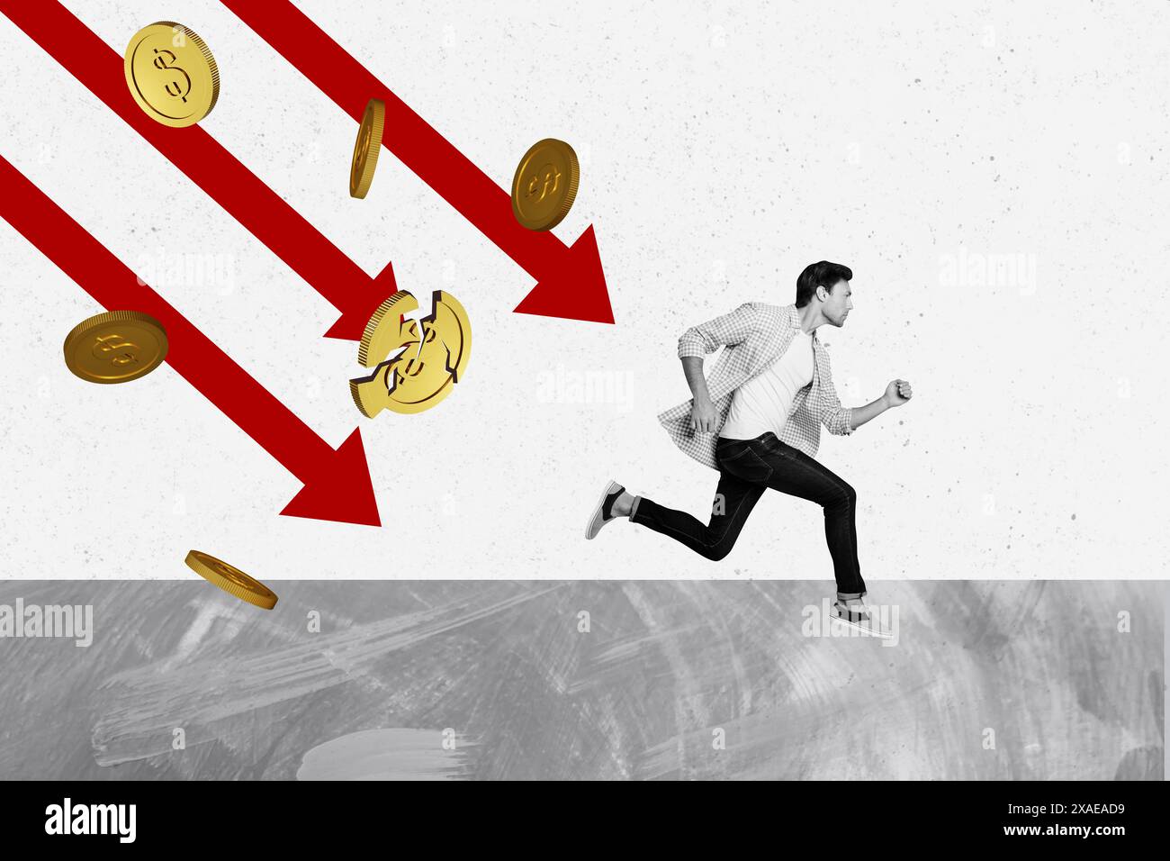 Composite photo collage of serious man run avoid arrow fall dollar coin ...