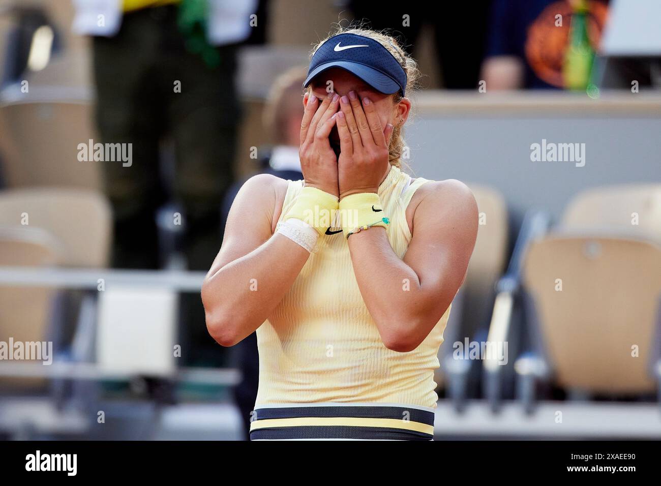 Mirra Andreeva reacts after her victory against Aryna Sabalenka during