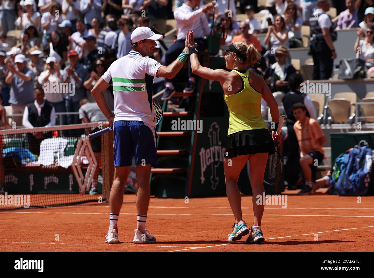 Paris, France. 6th June, 2024. Laura Siegemund (R) of Germany/Edouard Roger-Vasselin of France celebrate after the mixed doubles final between Desirae Krawczyk of USA/Neal Skupski of Britain and Laura Siegemund of Germany/Edouard Roger-Vasselin of France at the French tennis tournament at Roland Garros in Paris, France, June 6, 2024. Credit: Gao Jing/Xinhua/Alamy Live News Stock Photo