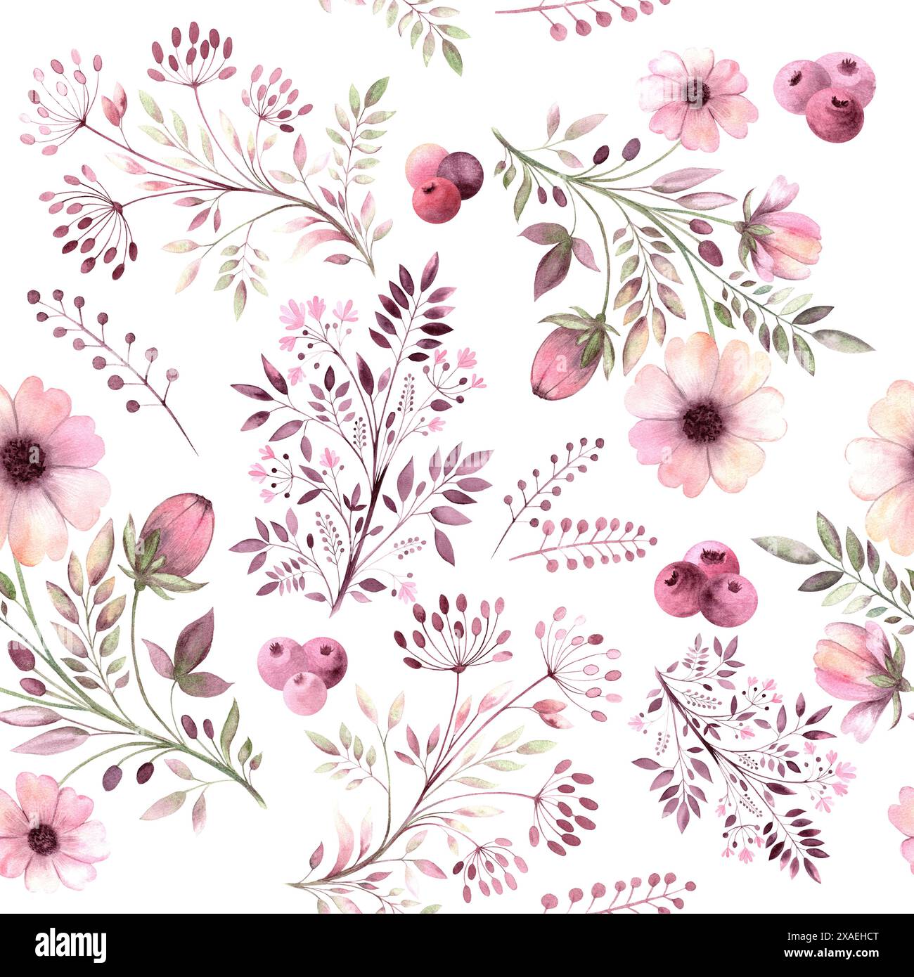 watercolor seamless pattern of wildflowers on a white background Stock ...