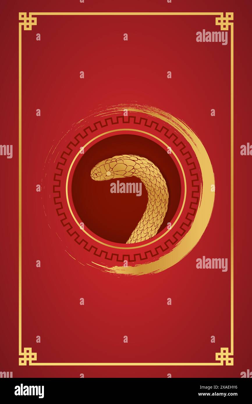 Chinese new year, gold and red, blank template for greeting, banner, poster.  2025 Frame with golden snake and place Stock Vector