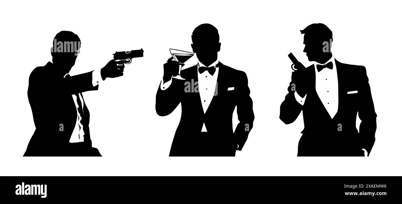 Silhouettes of elegant men in suits and with a bow tie with a gun in their hand on a white background. Bond themed illustration of a shooting man Stock Vector