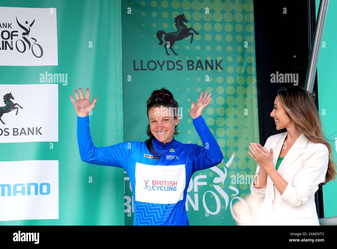 Lizzie Deignan of team Great Britain on the podium wearing the Queen of the Mountains jersey