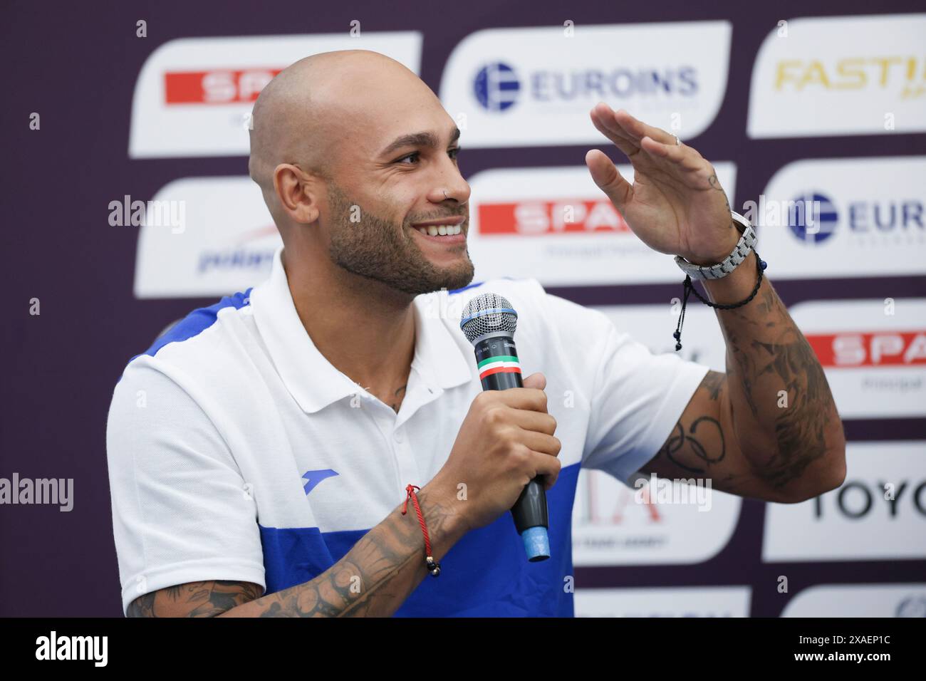 Rome, Italy. 6th June, 2024. Marcell Jacobs of Italy speaks during the press conference of 2024 Rome European Athletics Championship in Rome, Italy, Jun. 6, 2024. Credit: Li Jing/Xinhua/Alamy Live News Stock Photo