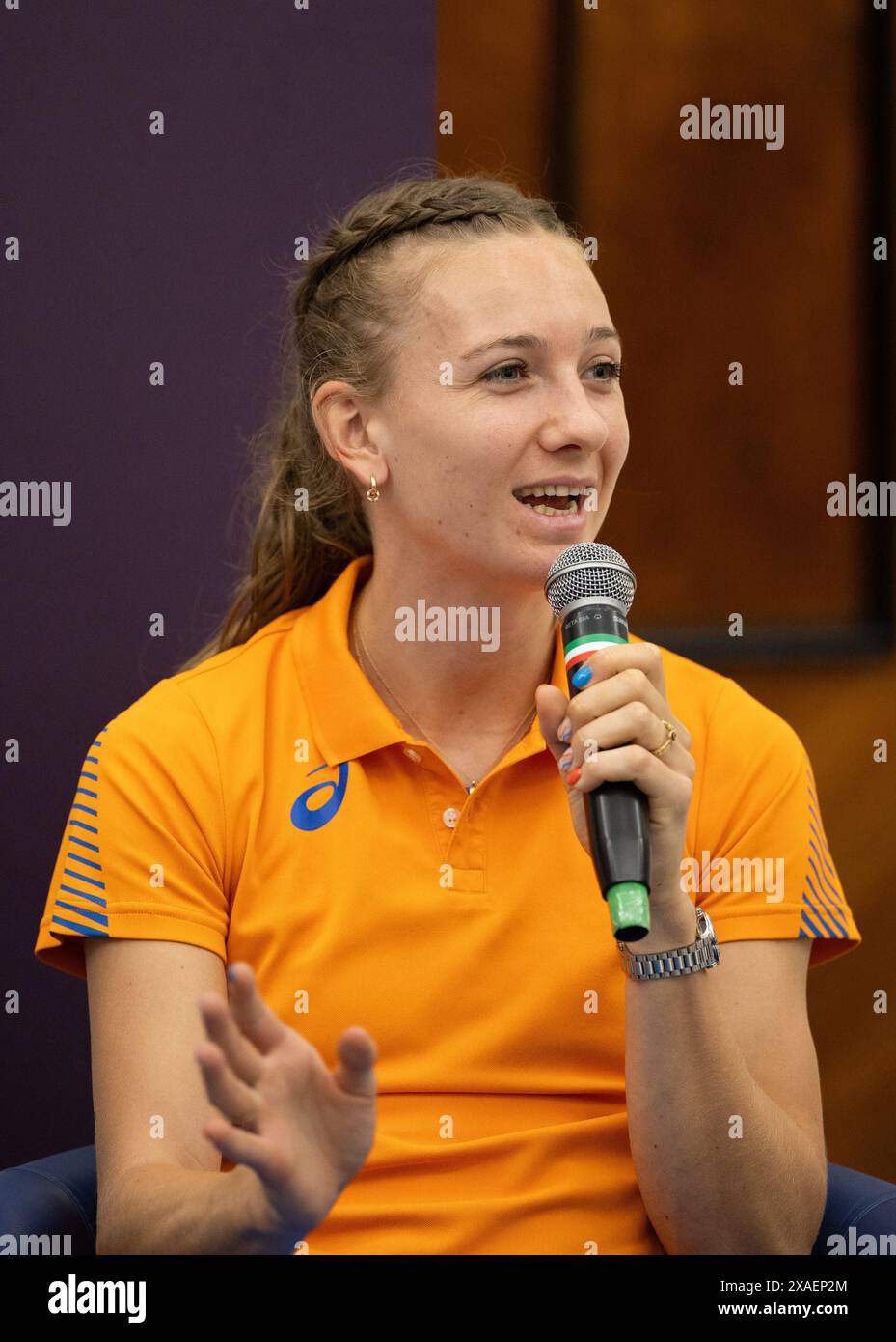 Rome, Italy. 6th June, 2024. Femke Bol of the Netherlands speaks during the press conference of 2024 Rome European Athletics Championship in Rome, Italy, Jun. 6, 2024. Credit: Li Jing/Xinhua/Alamy Live News Stock Photo