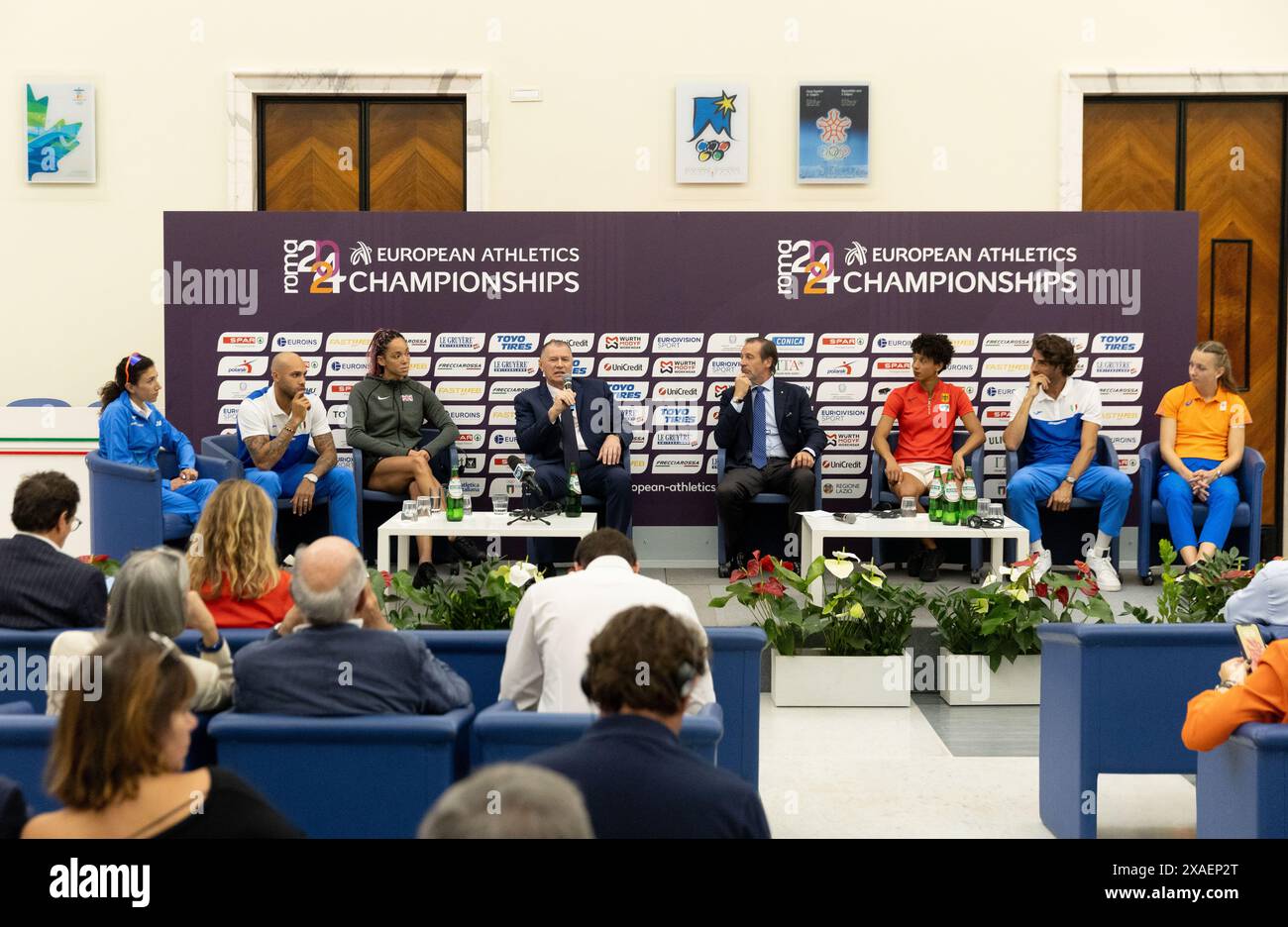 Rome, Italy. 6th June, 2024. Athletes and officials attend the press conference of 2024 Rome European Athletics Championship in Rome, Italy, Jun. 6, 2024. Credit: Li Jing/Xinhua/Alamy Live News Stock Photo