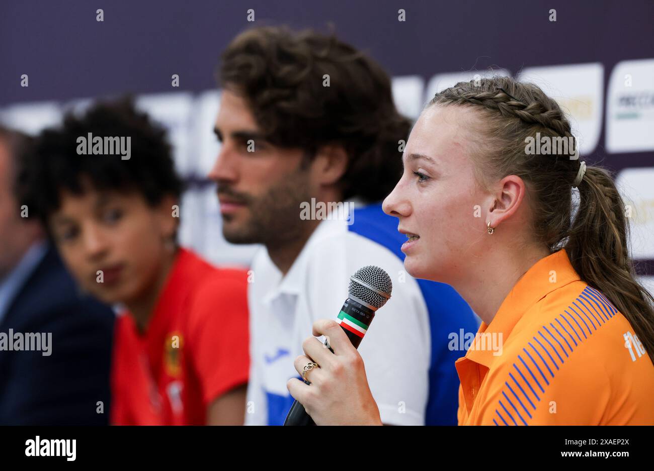 Rome, Italy. 6th June, 2024. Femke Bol of the Netherlands speaks during the press conference of 2024 Rome European Athletics Championship in Rome, Italy, Jun. 6, 2024. Credit: Li Jing/Xinhua/Alamy Live News Stock Photo