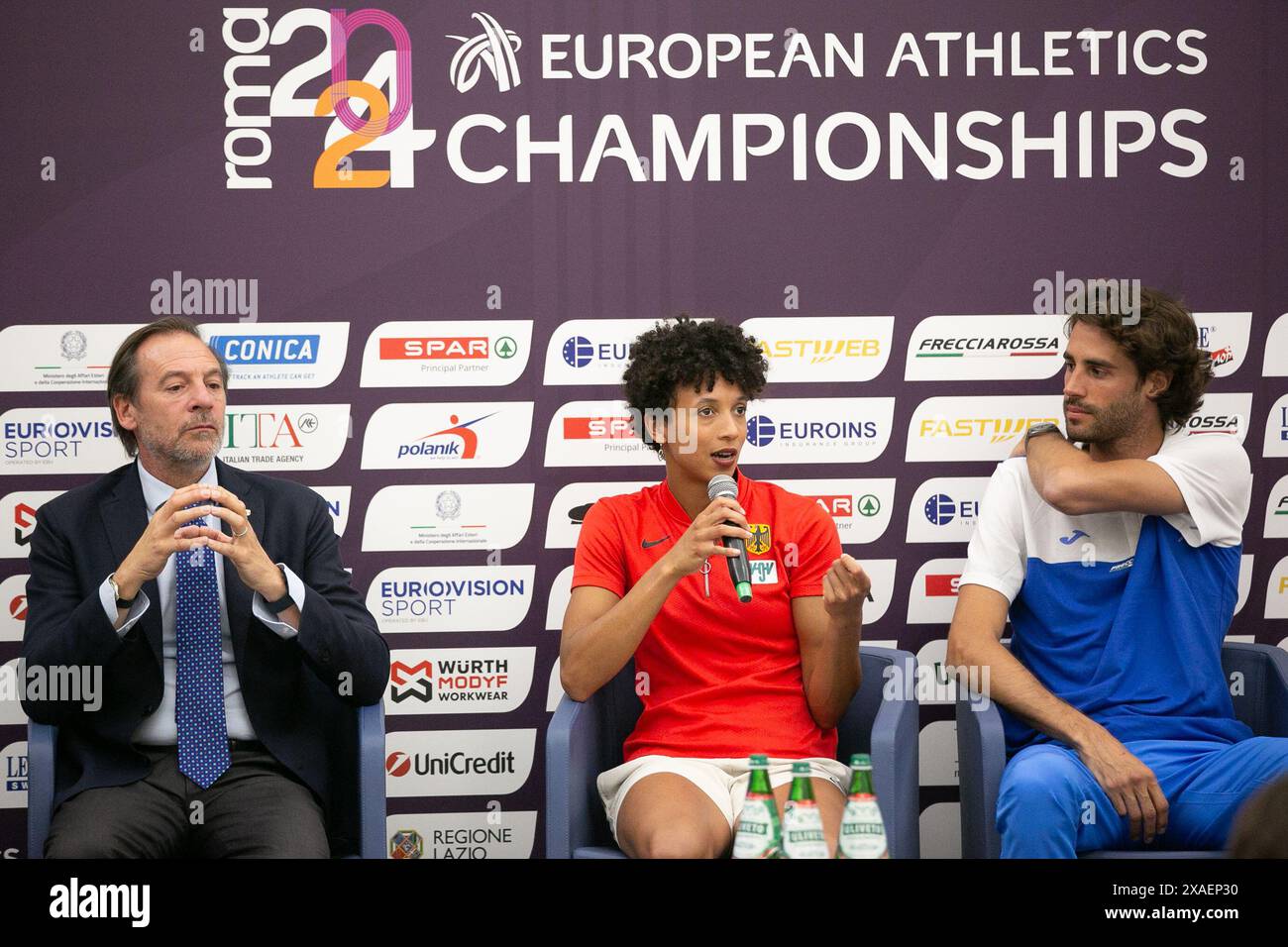 Rome, Italy. 6th June, 2024. Malaika Mihambo (C) of Germany attends the press conference of 2024 Rome European Athletics Championship in Rome, Italy, Jun. 6, 2024. Credit: Li Jing/Xinhua/Alamy Live News Stock Photo