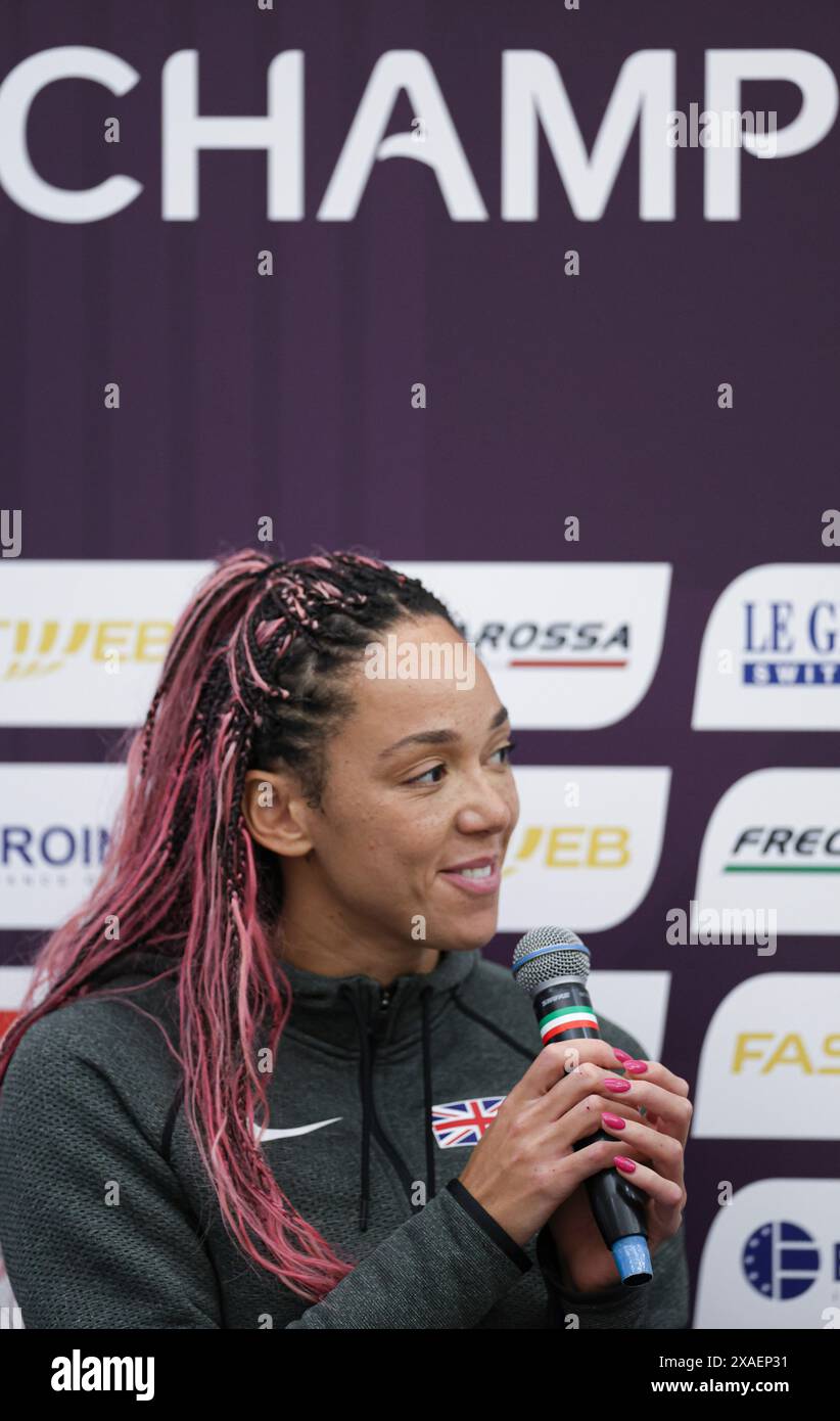 Rome, Italy. 6th June, 2024. Katarina Johnson-Thompson of Britain speaks during the press conference of 2024 Rome European Athletics Championship in Rome, Italy, Jun. 6, 2024. Credit: Li Jing/Xinhua/Alamy Live News Stock Photo