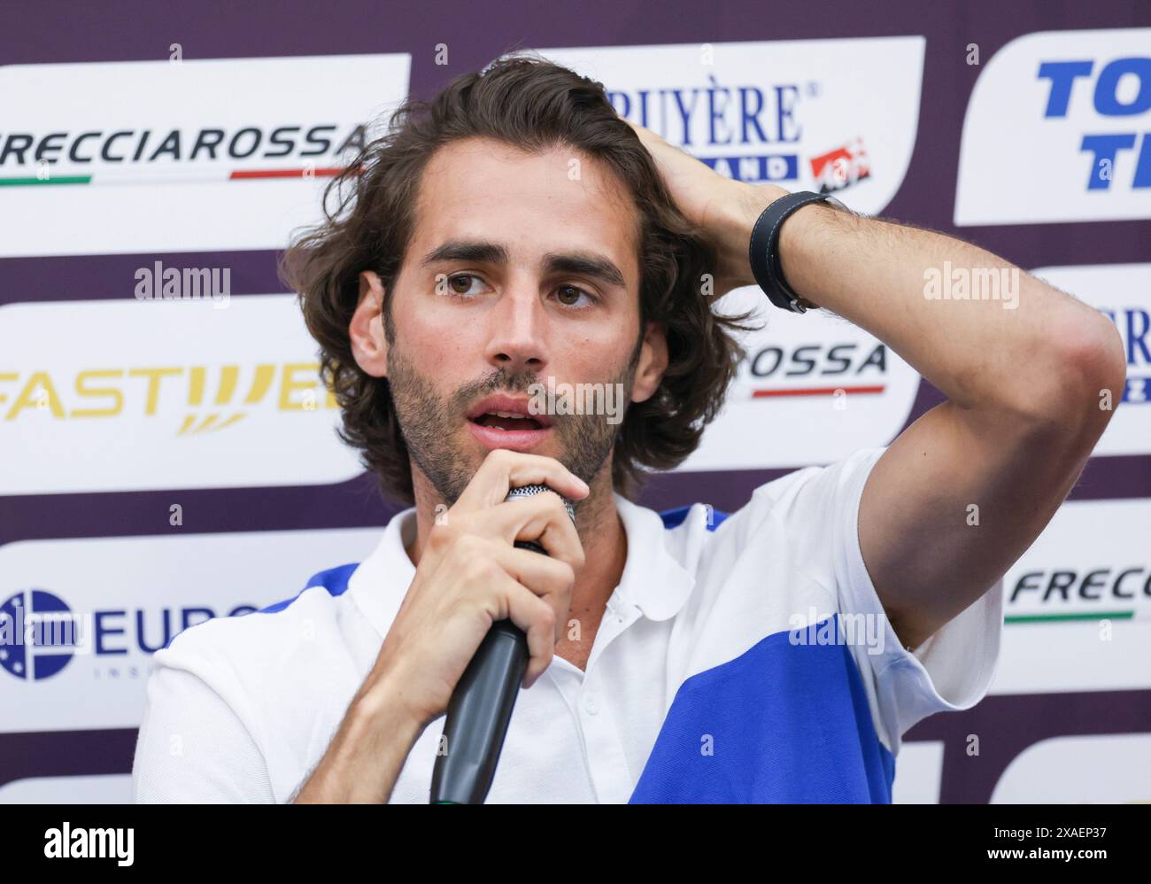Rome, Italy. 6th June, 2024. Gianmarco Tamberi of Italy speaks during the press conference of 2024 Rome European Athletics Championship in Rome, Italy, Jun. 6, 2024. Credit: Li Jing/Xinhua/Alamy Live News Stock Photo
