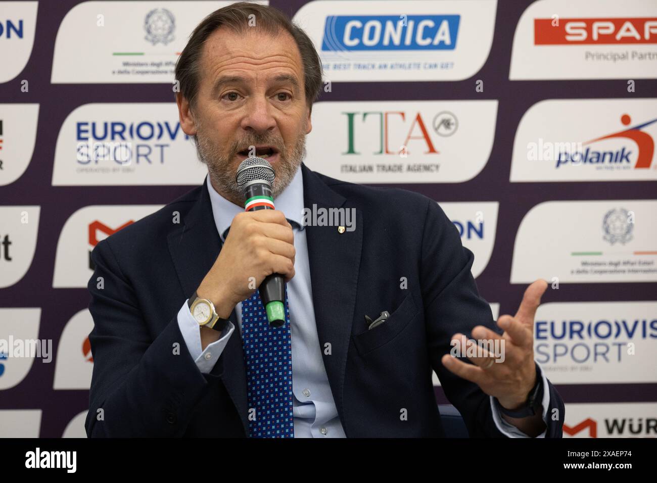 Rome, Italy. 6th June, 2024. President of the Italian Athletics Federation (FIDAL) Stefano Mei speaks during the press conference of 2024 Rome European Athletics Championship in Rome, Italy, Jun. 6, 2024. Credit: Li Jing/Xinhua/Alamy Live News Stock Photo