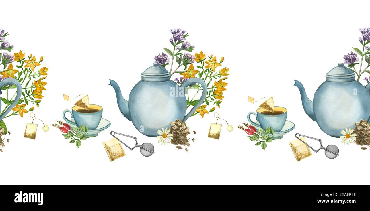 Meadow Tea Straining Seamless border. Tea party, herbal tea, cup, teapot, tea bags, strainer ...