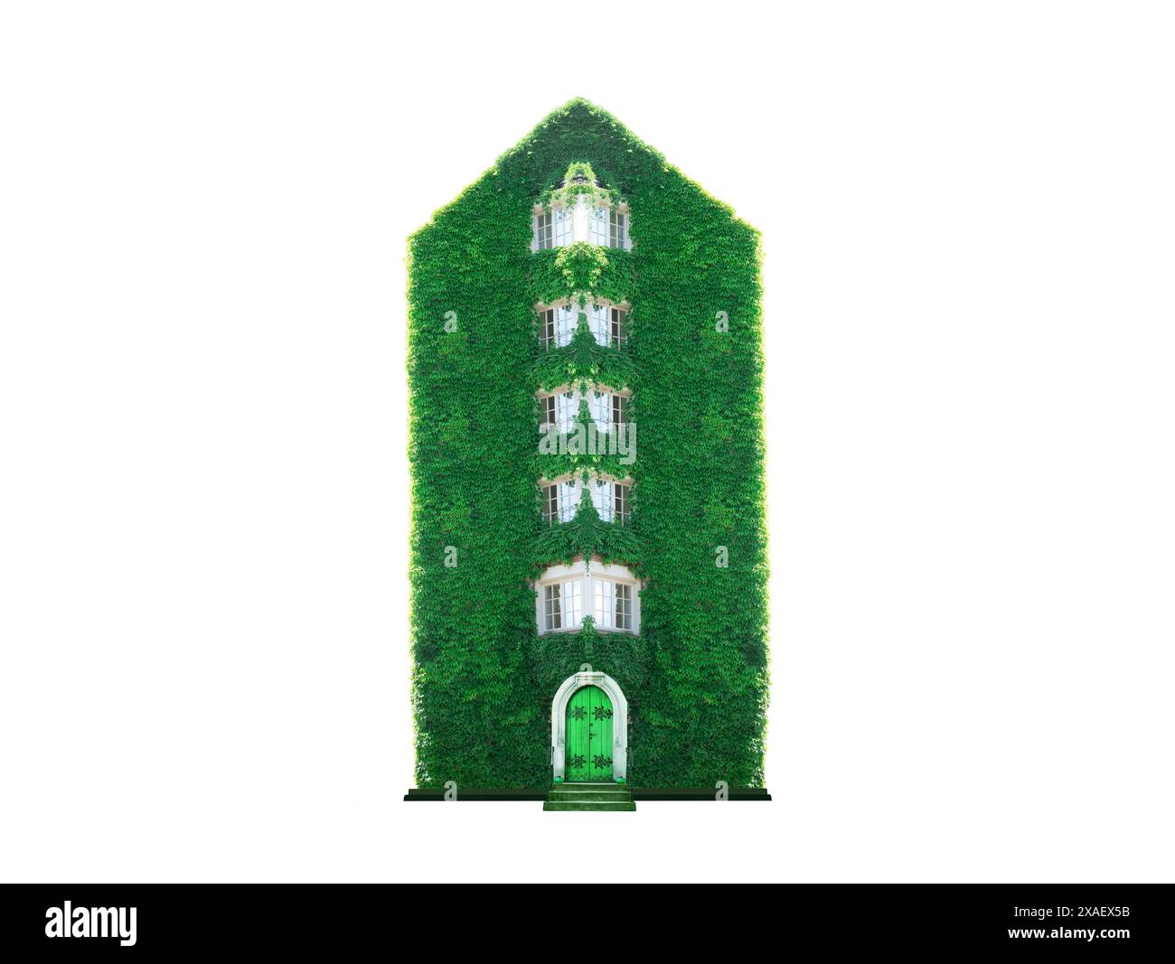 A green house overgrown with ivy is isolated on a white background as a symbol of ecology and the future attitude towards the environment Stock Photo