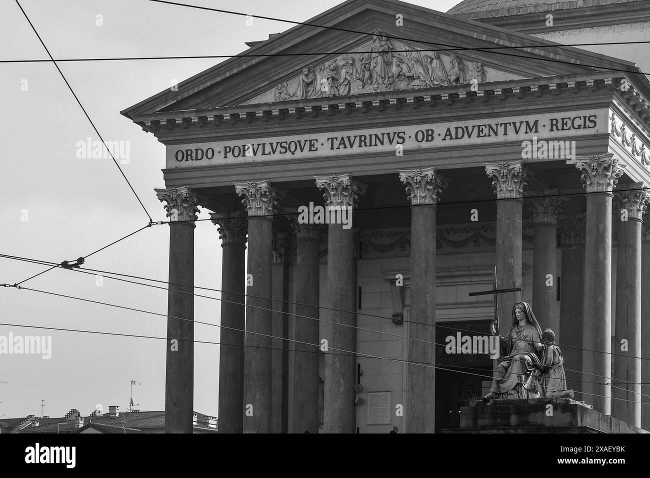 High-section of the Church of Gran Madre di Dio with the statue 'Religion' in the historic district of Borgo Po, Turin, Piedmont, Italy Stock Photo