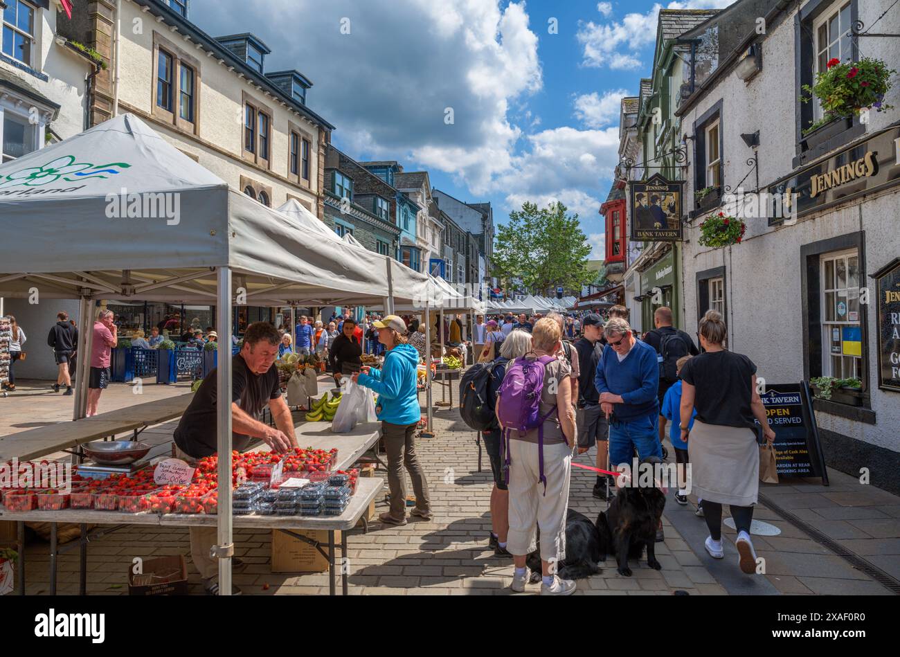 Saturday market on Main Street, Keswick, Lake District, Cumbria, UK Stock Photo