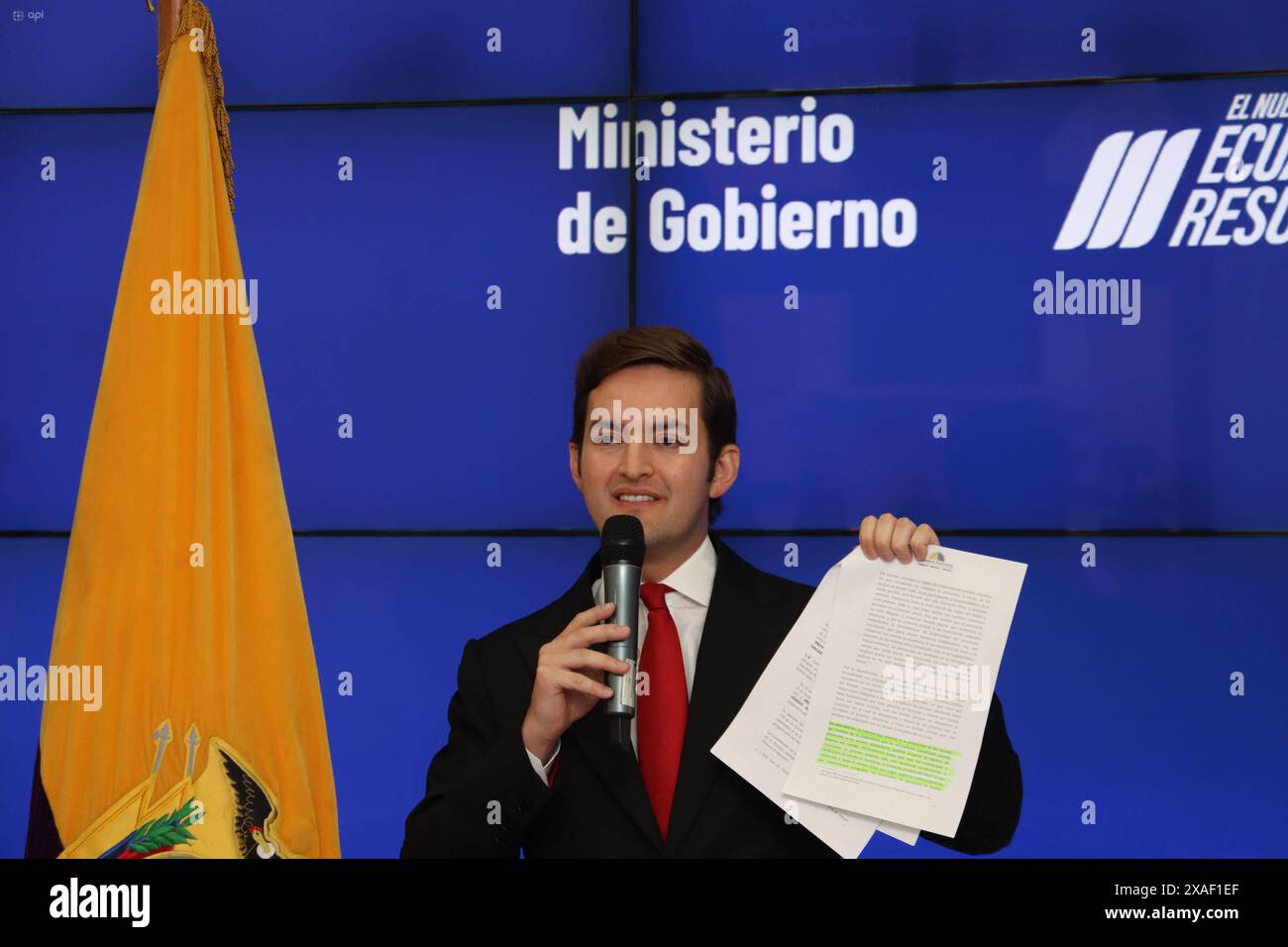 ESTEBAN TORRES Quito, Thursday, June 6, 2024 Deputy Minister of Government Esteban Torres, at a press conference at the Ministry of Government, on political issues with the Assembly Photos Quito Pichincha Ecuador POL ESTEBAN TORRES 7ee9a328de8d862010101b88c3d1a12377 Copyright: xROLANDOxENRIQUEZx Stock Photo