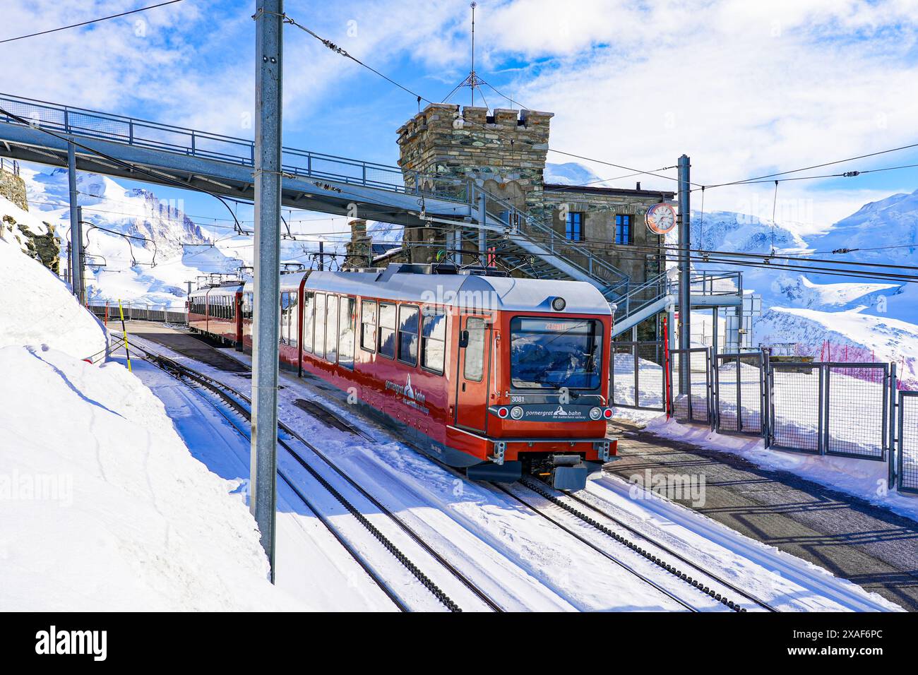 Cogwheel train of the Gornergrat Railway descending a steep slope at