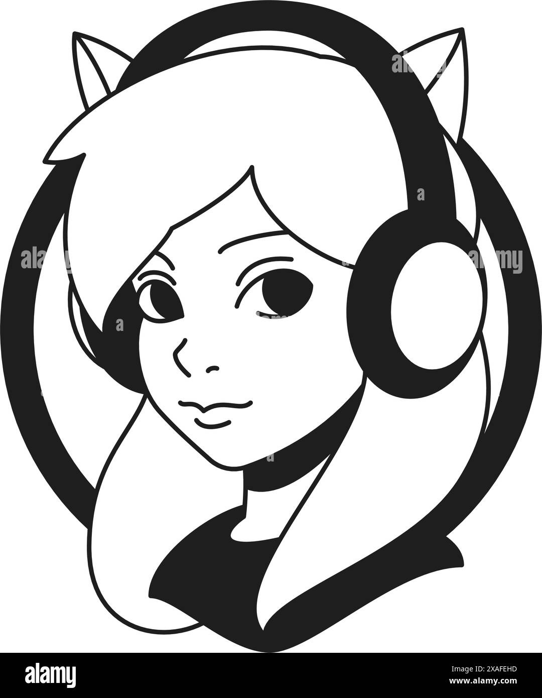 Y2k funky foxy woman in headphones DJ cyber gamer comic monochrome line