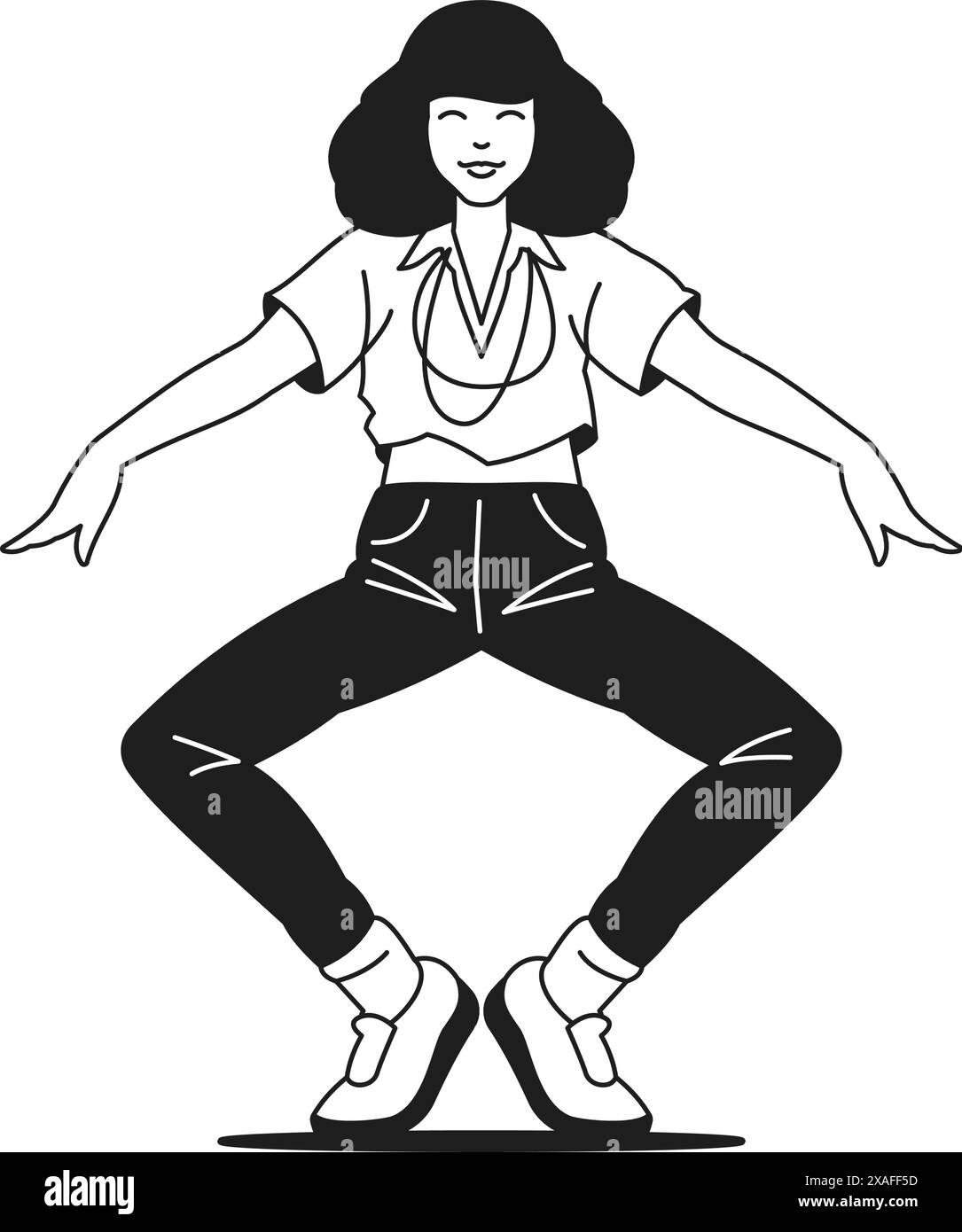 Y2k woman funky dancing disco party lifestyle monochrome line retro groovy icon vector illustration. Comic female dancer funny cartoon character minim Stock Vector