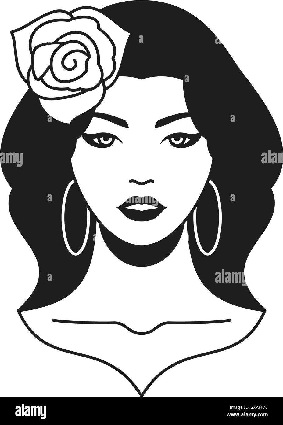 Y2k beautiful woman with rose flower in hair monochrome line retro groovy icon vector illustration. Beauty fashion female portrait with blossom floral Stock Vector