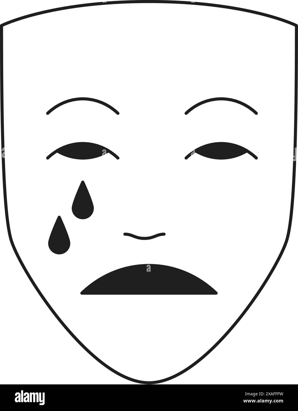 Y2k sad crying carnival mask upset fake face monochrome line retro groovy icon vector illustration. Unhappy depressed facial expression with tears com Stock Vector