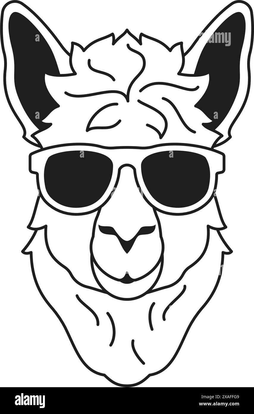 Y2k comic fashion lama in summer sunglasses portrait monochrome line retro groovy icon vector illustration. Funky furry animal head in vogue eyeglasse Stock Vector