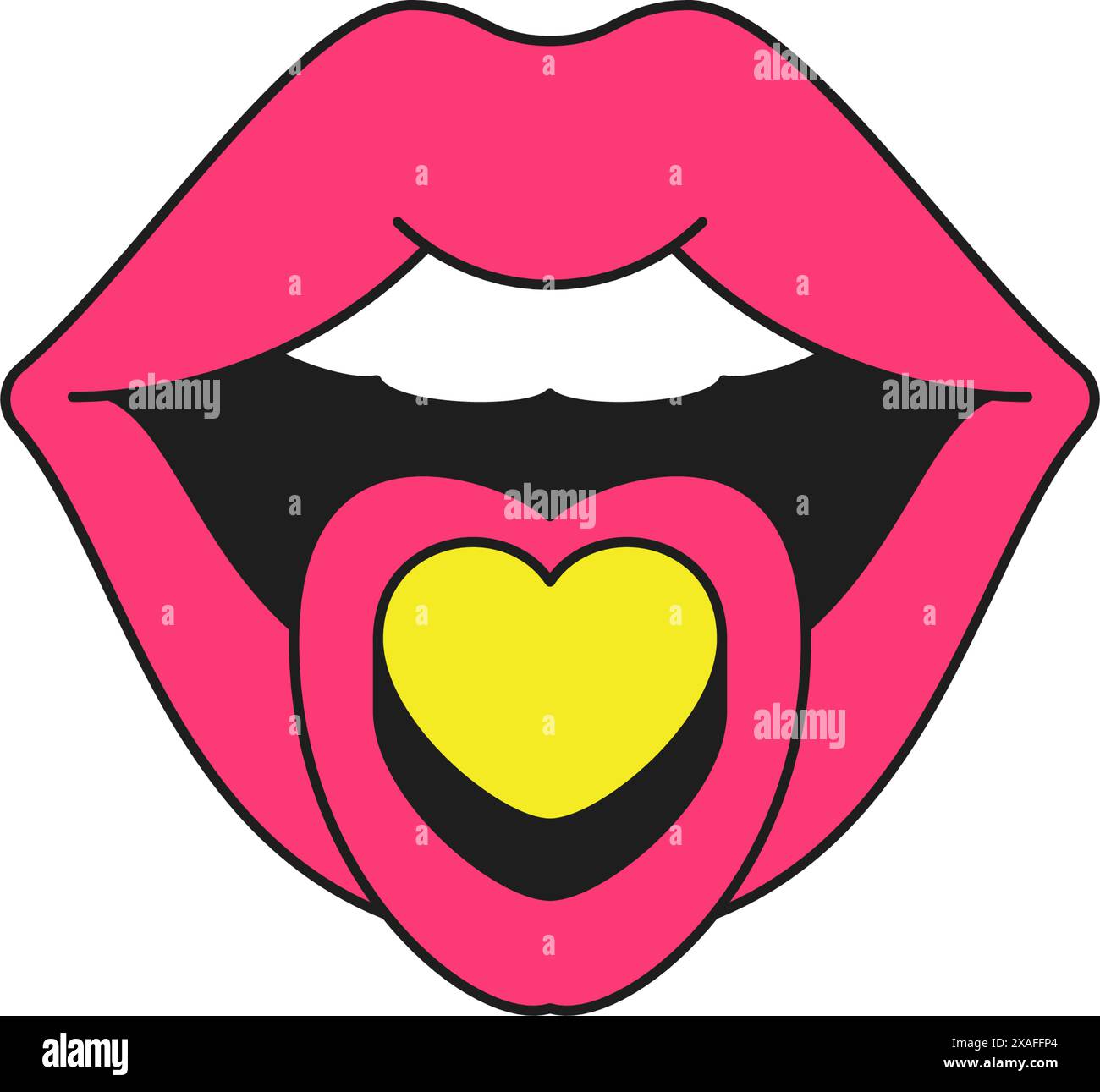 Pink female lips open mouth with teeth and heart surreal cartoon ...