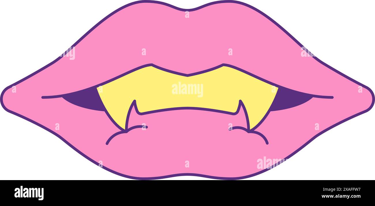 Pink female lips with fang retro Y2k groovy style comic icon vector