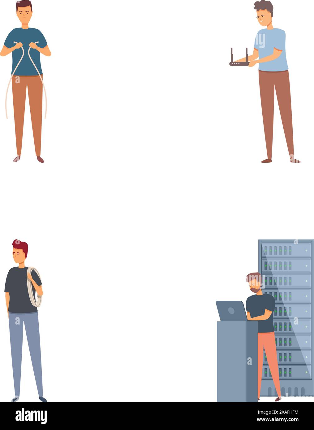 Upkeeping server icons set cartoon vector. Sysadmin adjusting network connection. Service maintenance Stock Vector