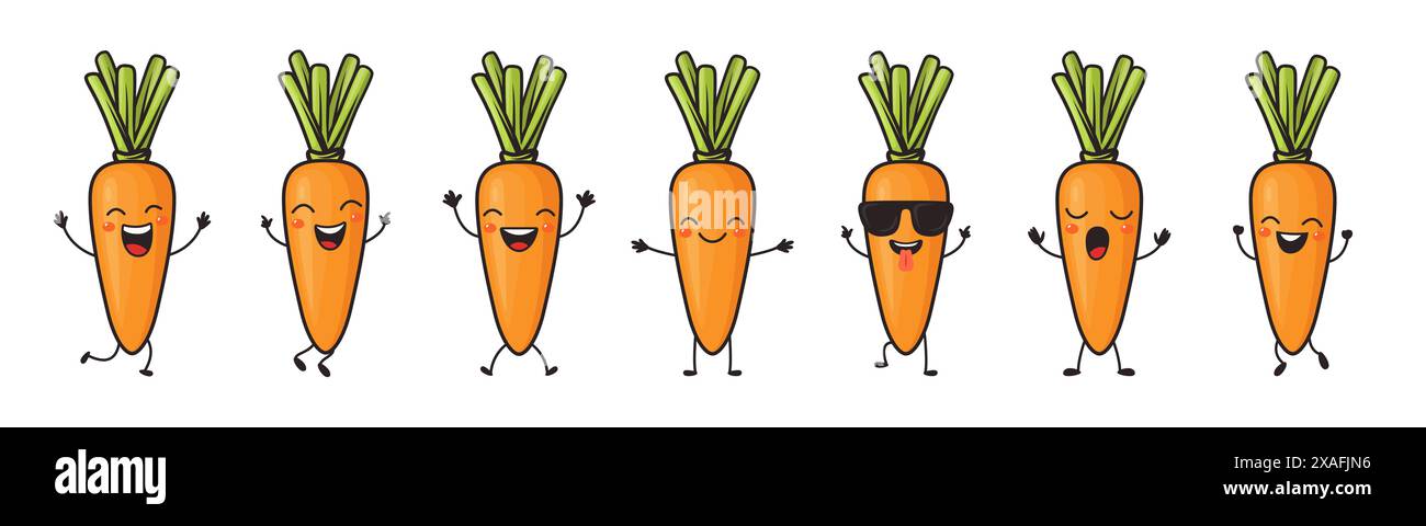 Flat Vector Cartoon Cute and Funny Carrot Character. Dancing, Smiling, Happy, Singing Carrot with Different Faces and Emotions. Carrot Icon, Logo Stock Vector