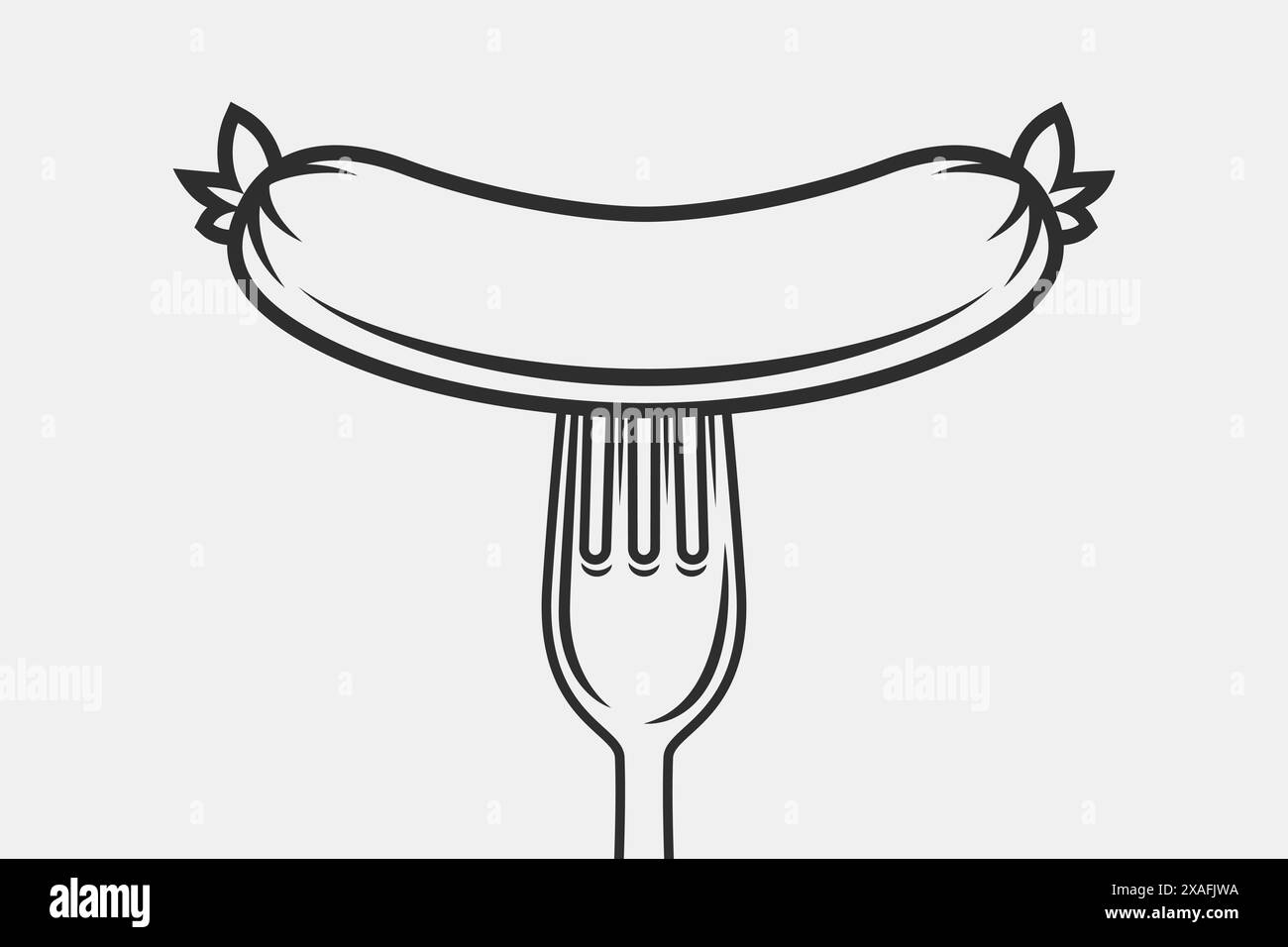 Vector Flat Sausage and Fork with Outline Closeup Isolated on a White Background. Cartoon Sausage Design Template, Outline Color Illustration Stock Vector