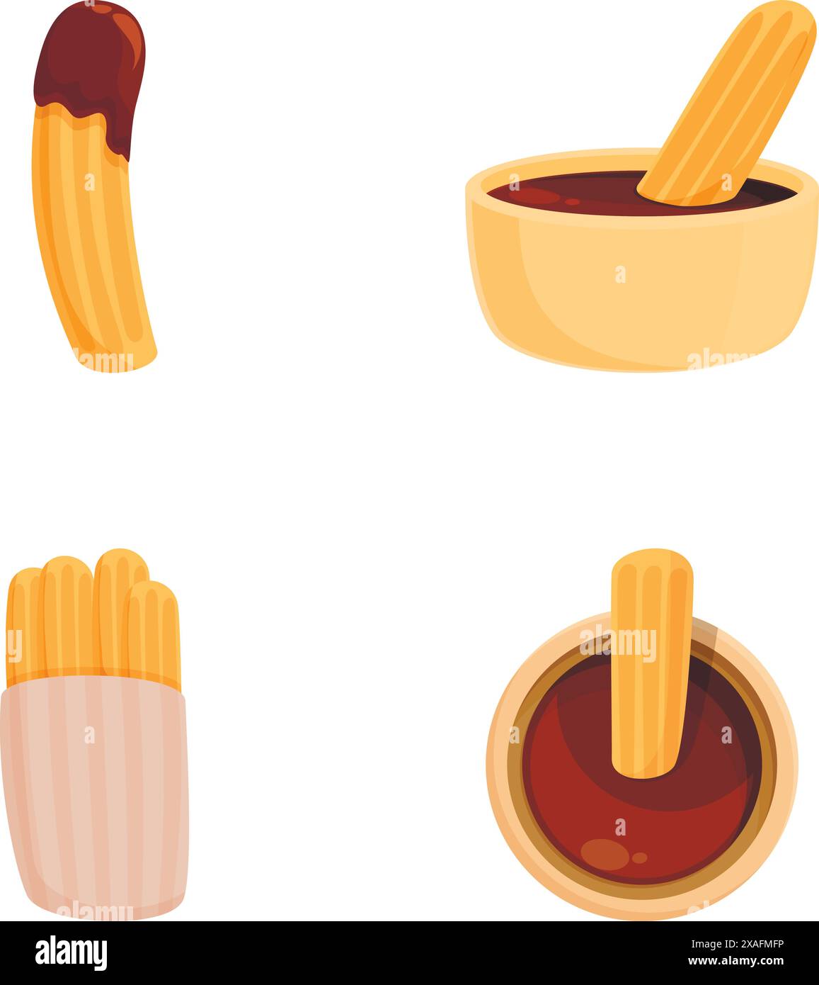 Vector set of churros, traditional fried pastry with rich chocolate sauce, isolated on white Stock Vector