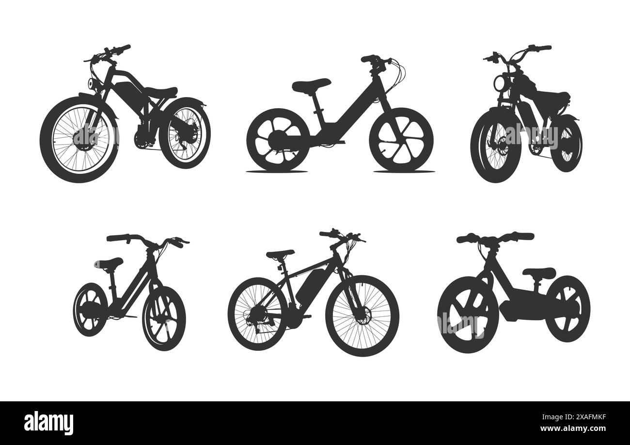 E-bike silhouettes, Electric bike silhouette, E-bike clipart, Electric bike vector set. Stock Vector