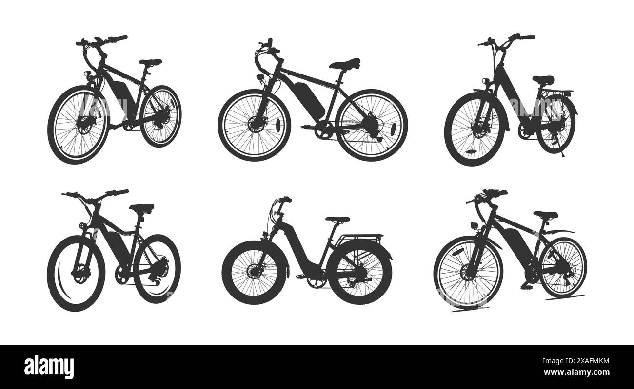 Electric bicycle silhouette, E-bike silhouettes, Electric bike, Electric bike vector set Stock Vector