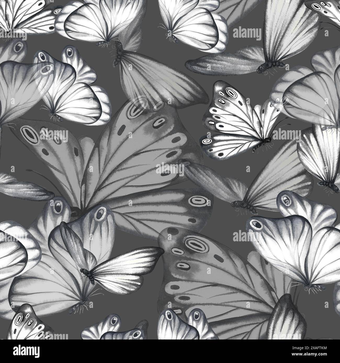 Seamless pattern with grey flying butterflies on a dark grey background ...