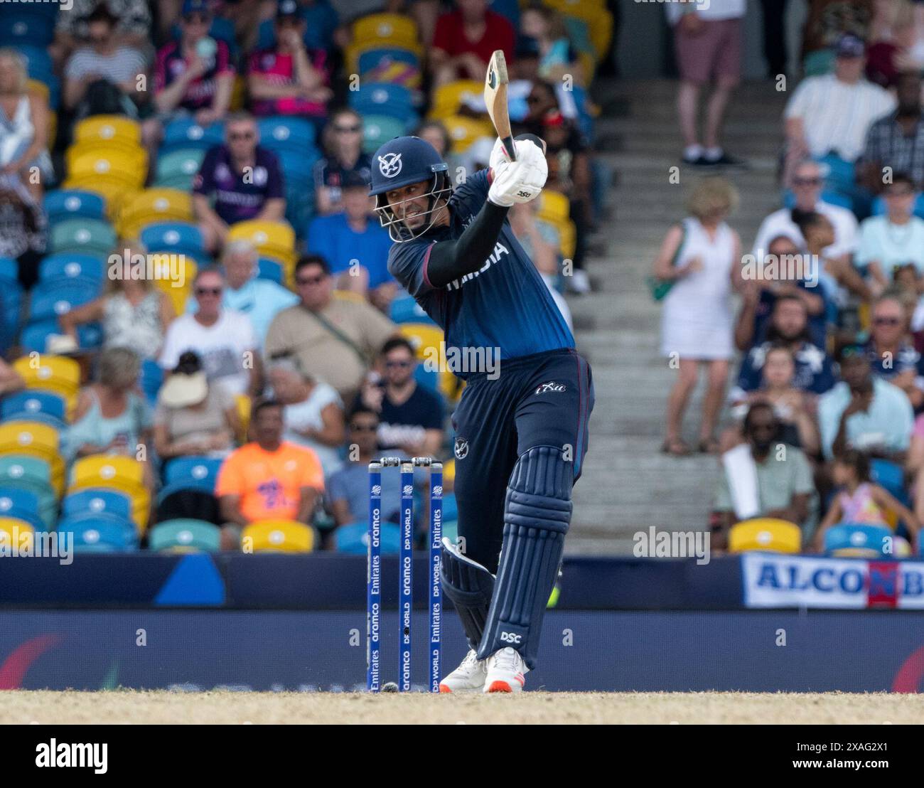 Bridgetown, Barbados. 06th June, 2024. ICC T20 Men's World Cup 2024 - Namibia v Scotland Single for Namibia's David Wiese as Namibia take on Scotland in the ICC T20 World Cup at the Kensington Oval, Bridgetown, Barbados. Credit: Ian Jacobs/Alamy Live News Stock Photo