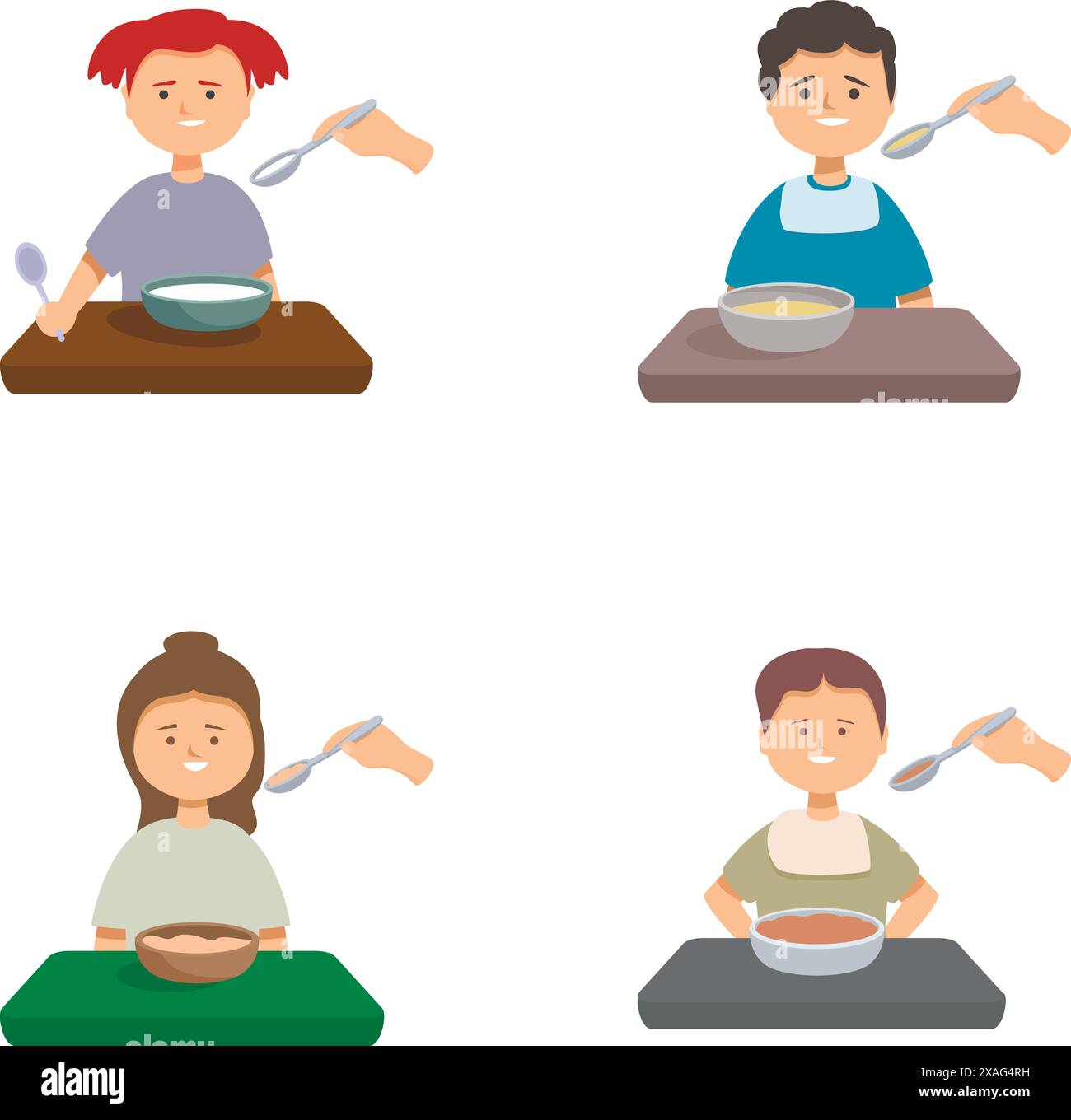 Happy diverse cartoon children enjoying a healthy mealtime together