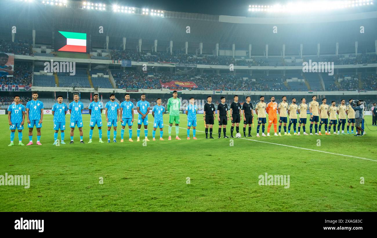Kolkata, India. 06th June, 2024. India plays goal less draw with Kuwait in FIFA World Cup 2026 and AFC Asian Cup 2027 Preliminary Joint Qualification Round 2 match at historic Salt Lake stadium (VYBK-Vivekananda Yivabharati Krirangan). It was farewell match of India's legendary striker/captain Sunil Chhetri as a national player after 19 years of illustrious football career. (Photo by Amlan Biswas/Pacific Press) Credit: Pacific Press Media Production Corp./Alamy Live News Stock Photo