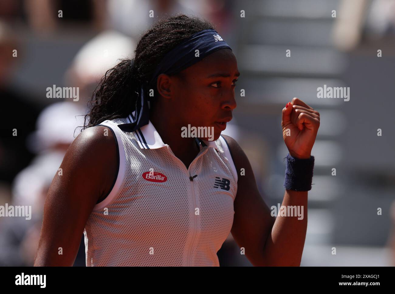 Paris, France. 6th June, 2024. Coco Gauff celebrates a score during the women's singles semifinal match between Coco Gauff of the United States and Iga Swiatek of Poland at the French Open tennis tournament at Roland Garros in Paris, France, on June 6, 2024. Credit: Gao Jing/Xinhua/Alamy Live News Stock Photo