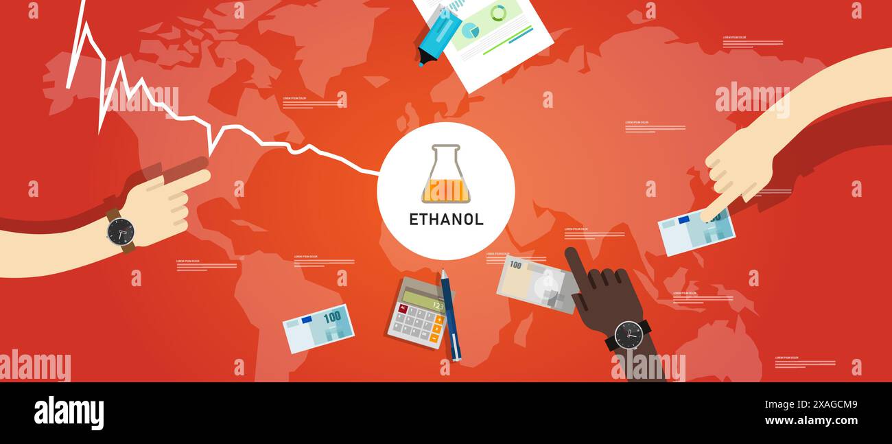 Ethanol price goes down drop decrease cheap in global commodity market trade export transaction Stock Vector