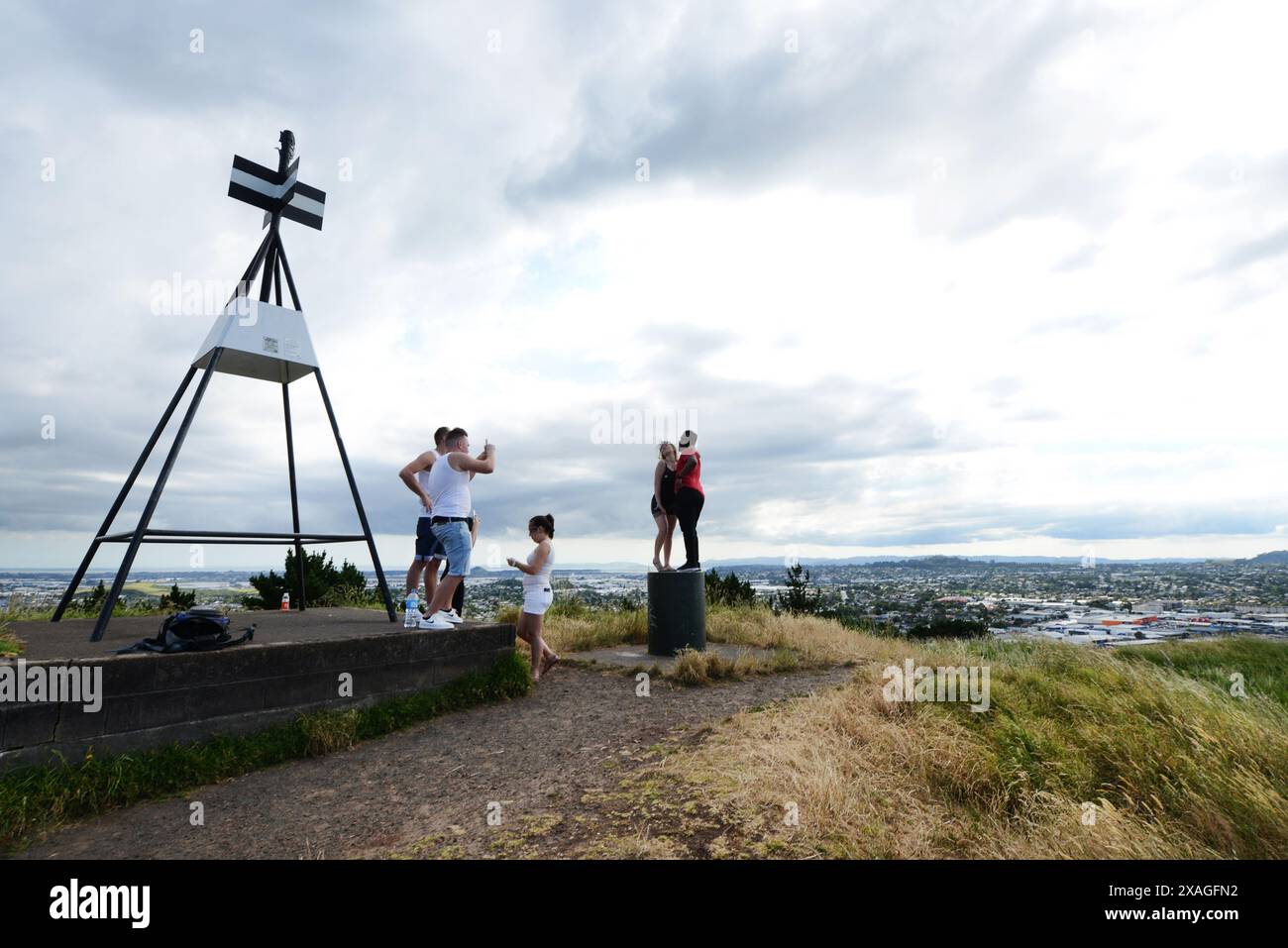 Tourist enjoying the views from Maungarei / Mount Wellington in Auckland, New Zealand Stock Photo