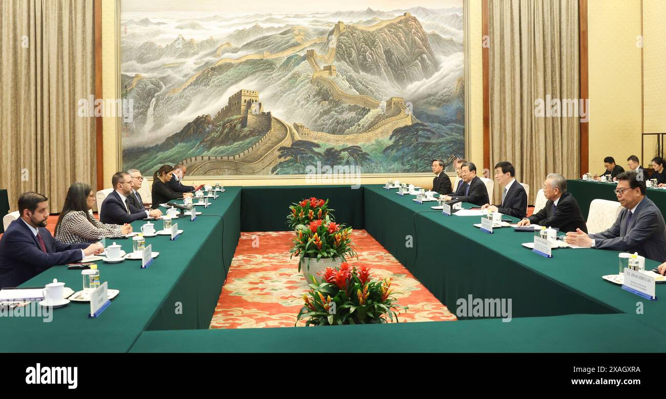 Beijing, China. 7th June, 2024. Wang Huning, chairman of the National Committee of the Chinese People's Political Consultative Conference (CPPCC), meets with Venezuelan Foreign Minister Yvan Gil Pinto in Beijing, capital of China, June 7, 2024. Credit: Pang Xinglei/Xinhua/Alamy Live News Stock Photo