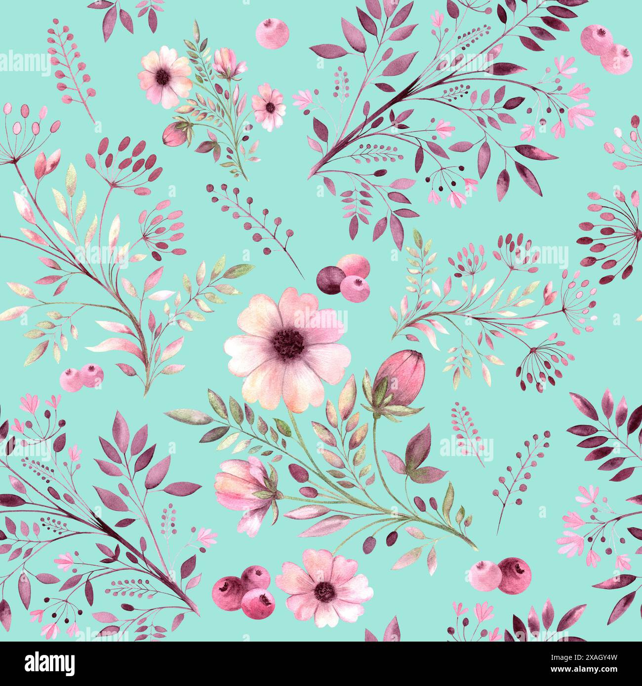pattern with hand-drawn watercolor flowers on a mint background Stock ...