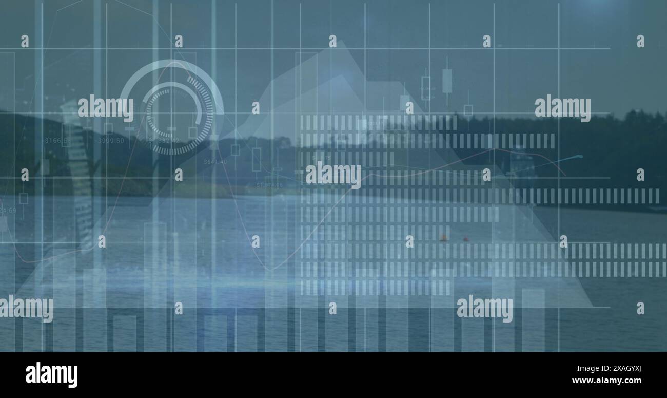 Image of graphs and data processing over landscape with lake Stock ...