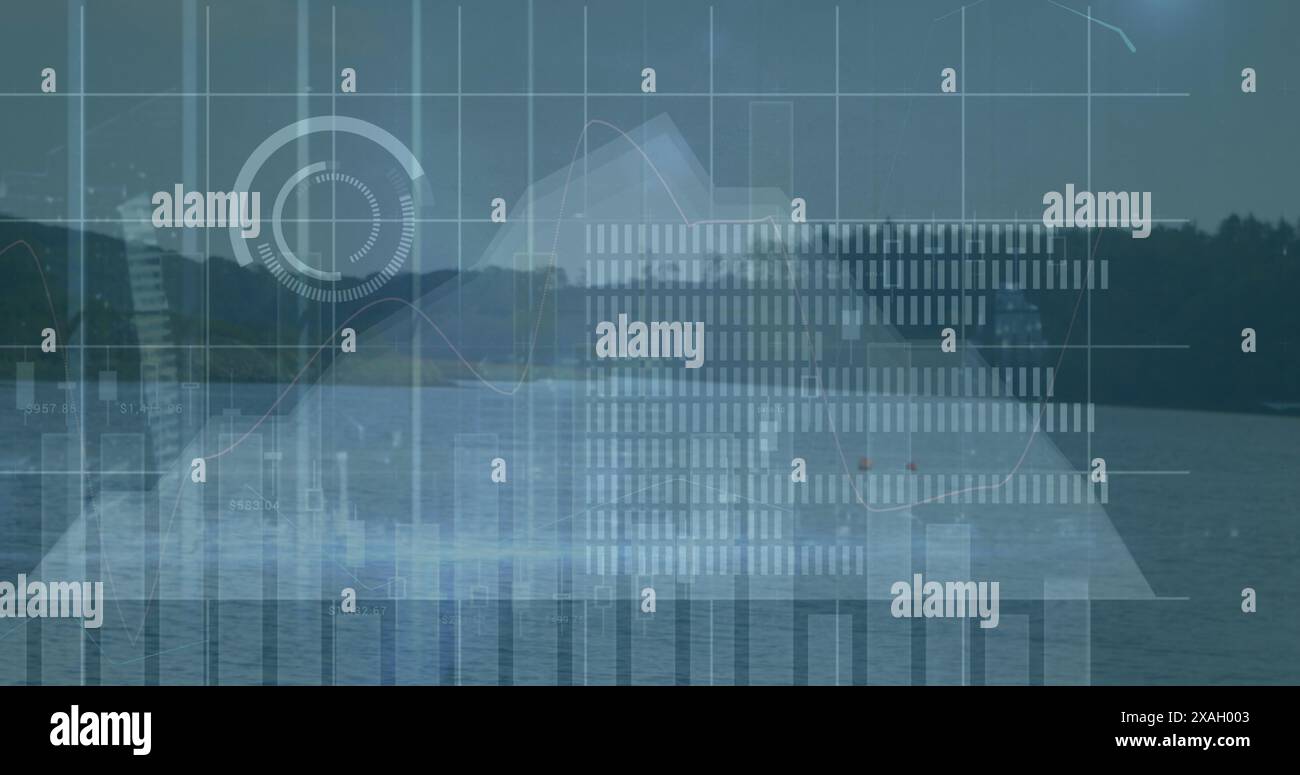 Image of graphs and data processing over landscape with lake Stock ...