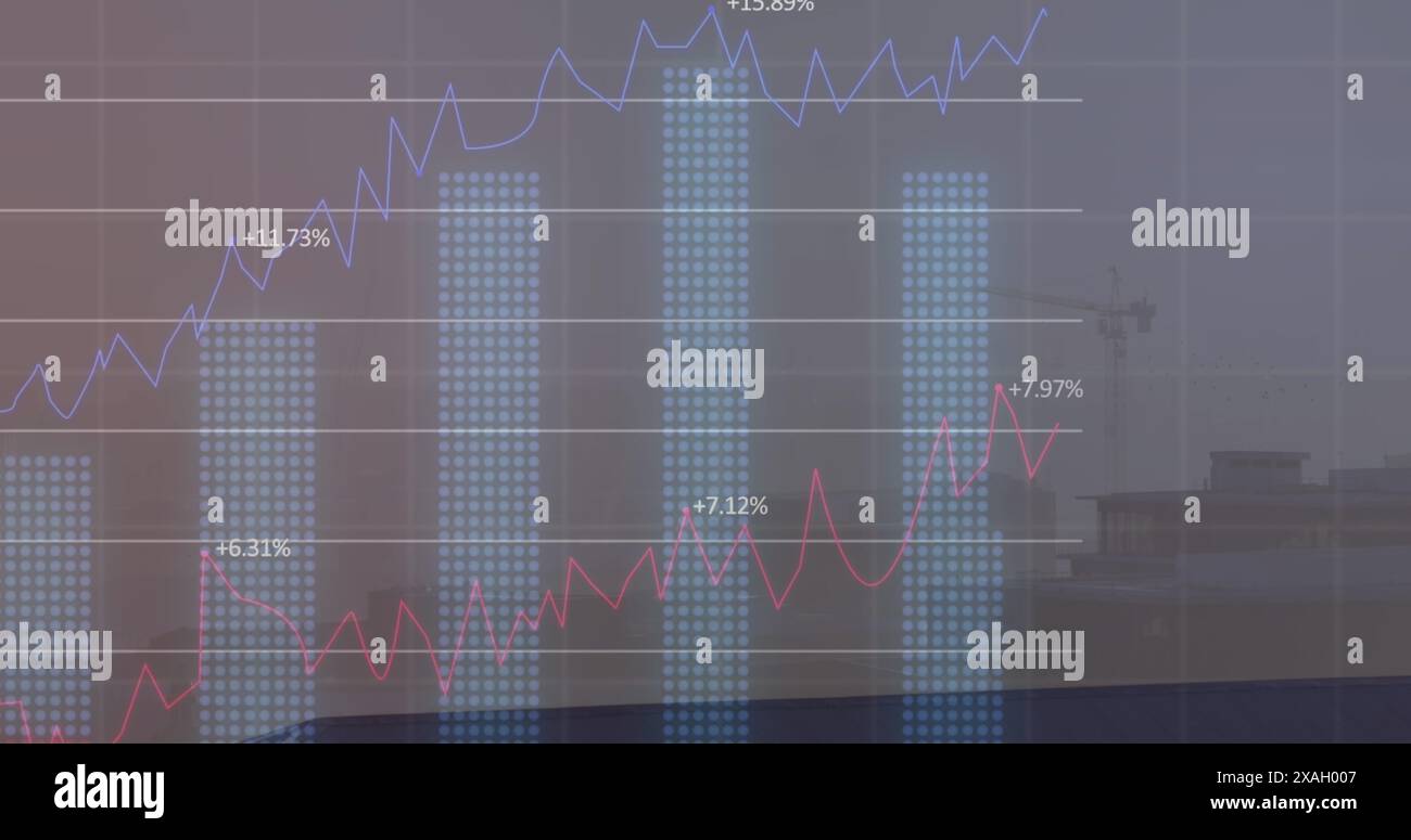 Image of financial data processing over cityscape Stock Photo